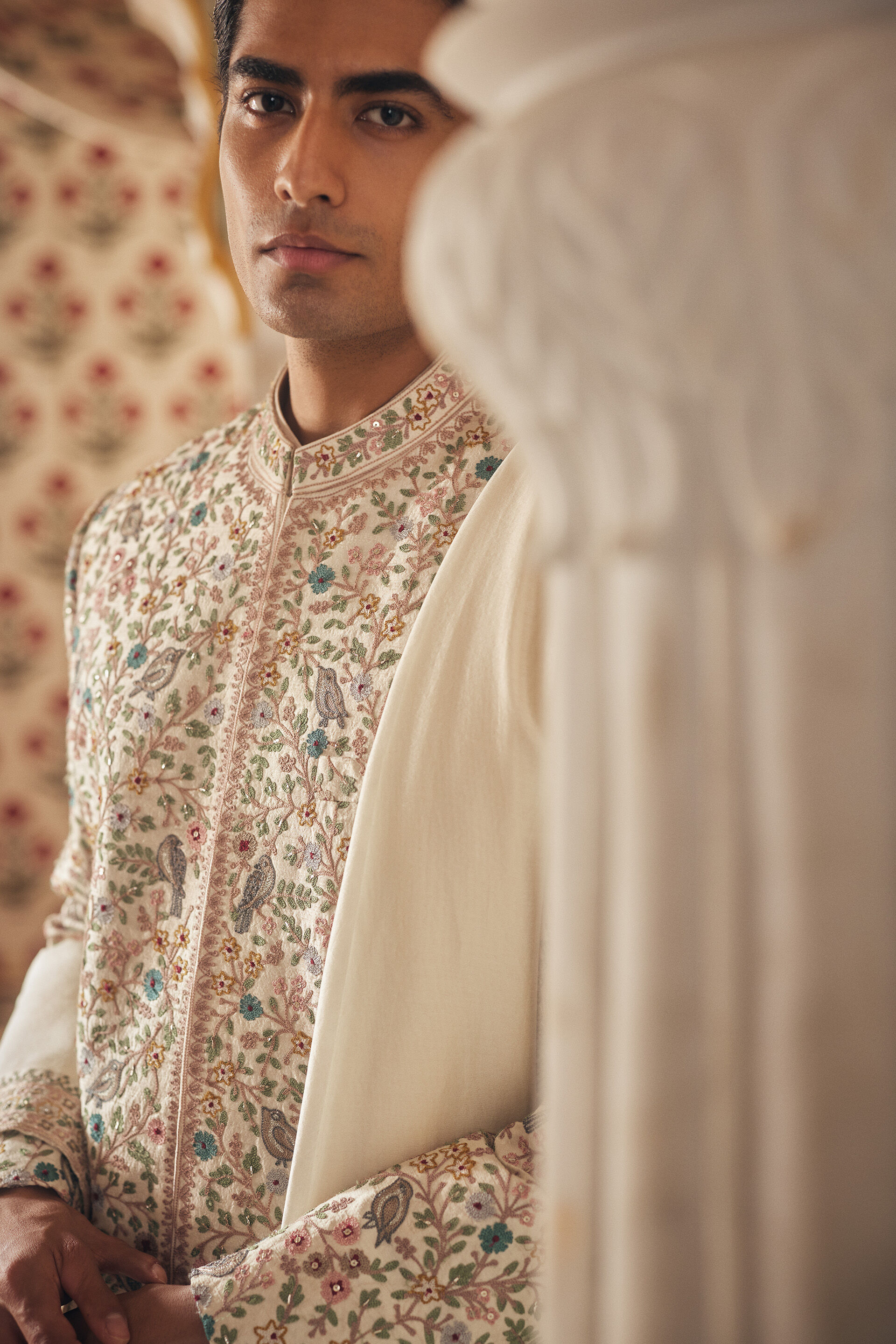 Avir Aari Embroidered Silk Sherwani - Cream, Cream, image 4